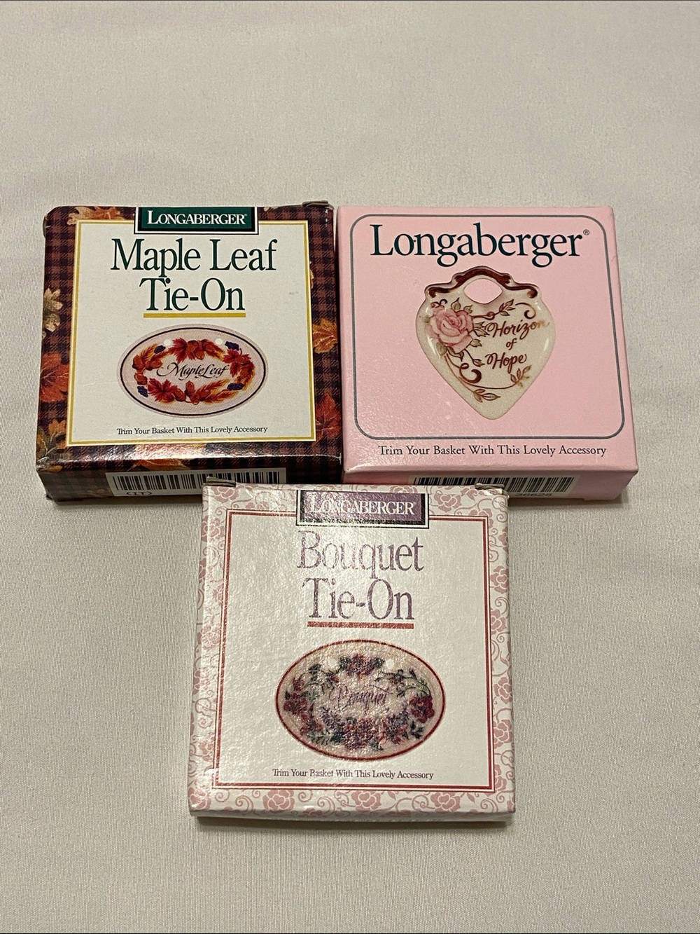 Longaberger Tie-On Trio in Pink, Cream & Brown Packaging